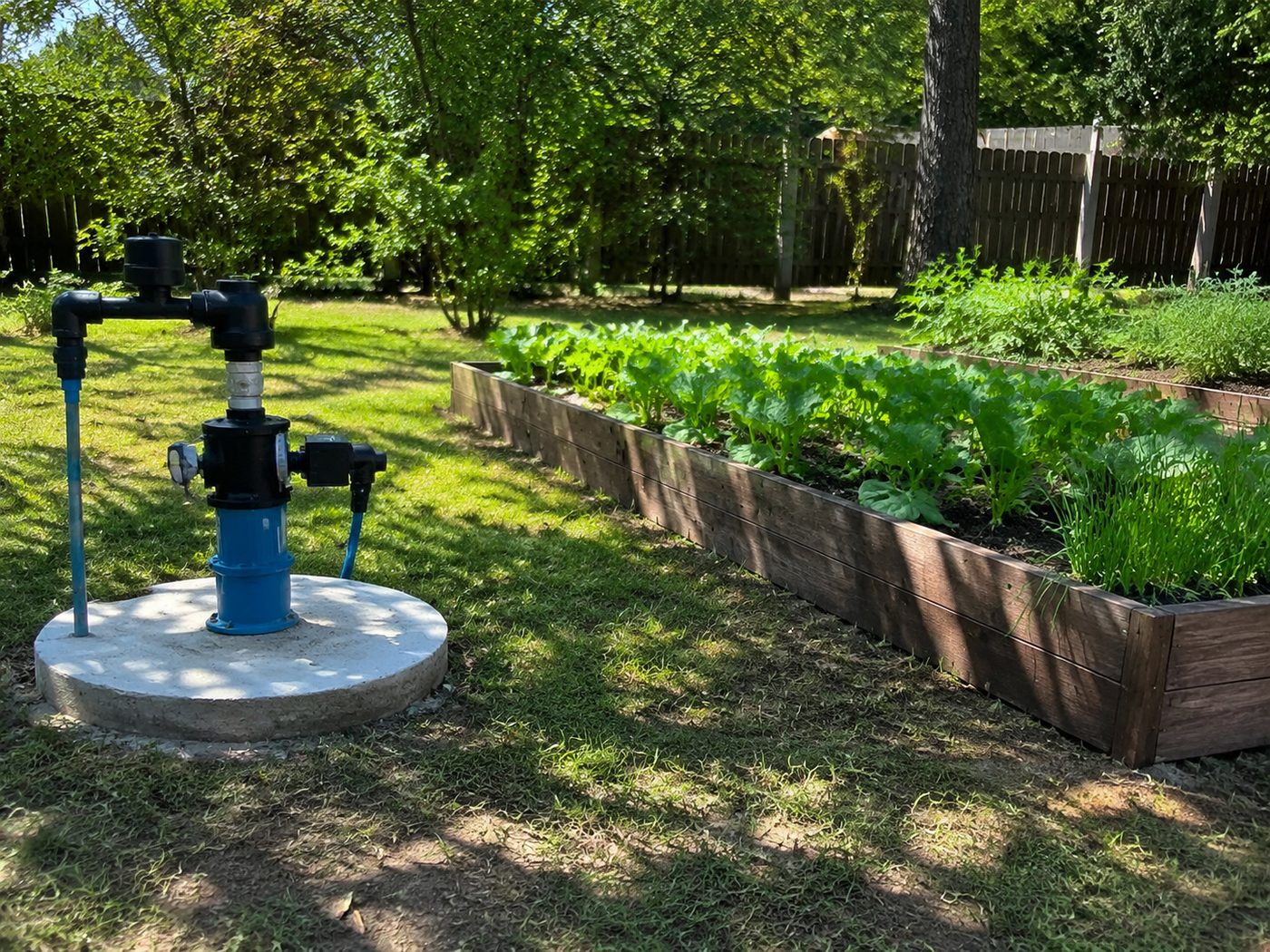 Well pump next to raised garden beds