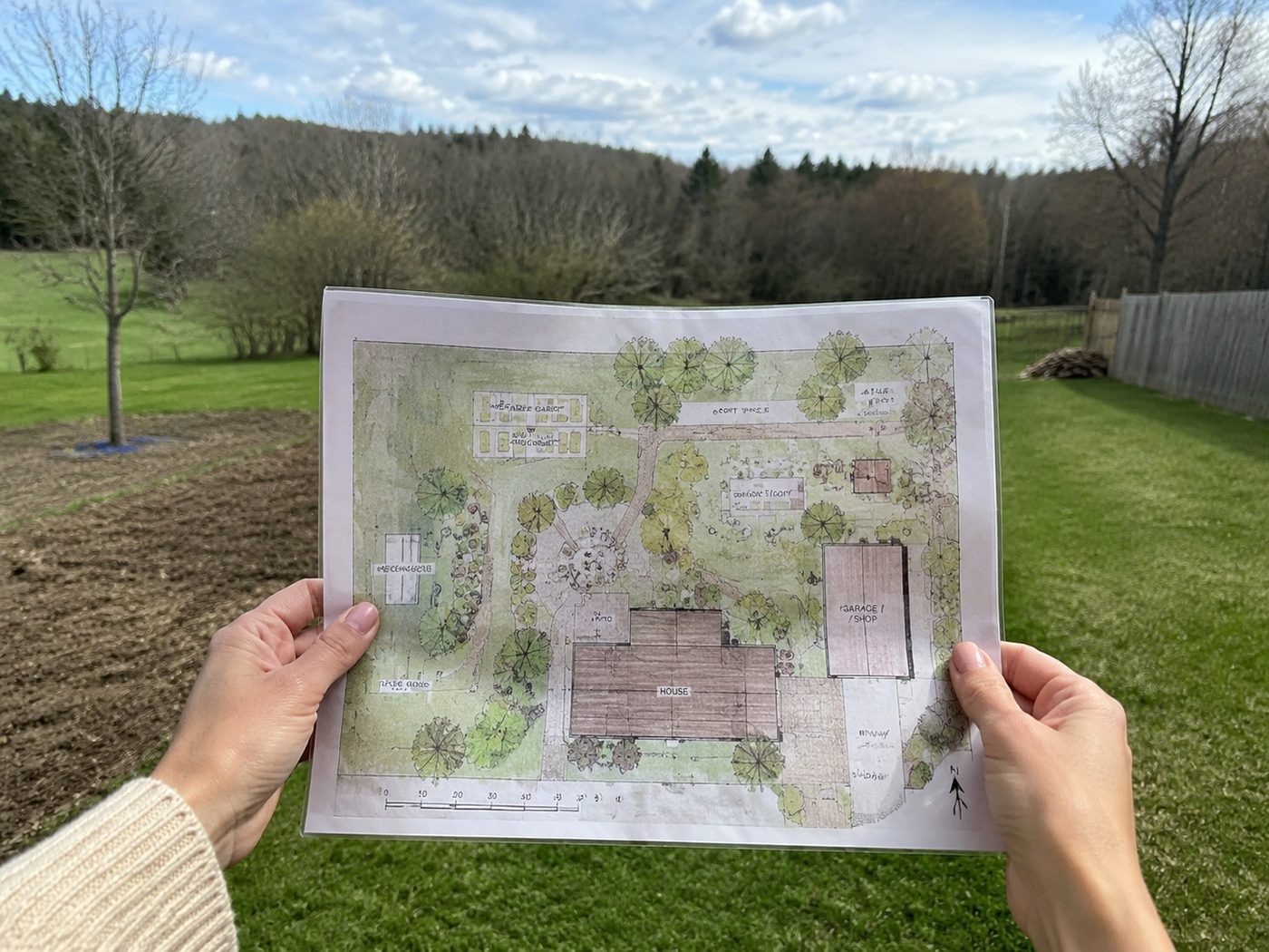 Printed layout held up against real backyard
