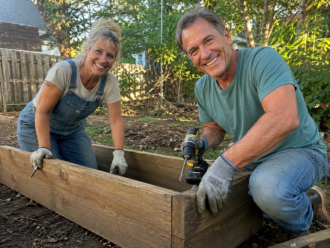 Couple building a raised garden bed together